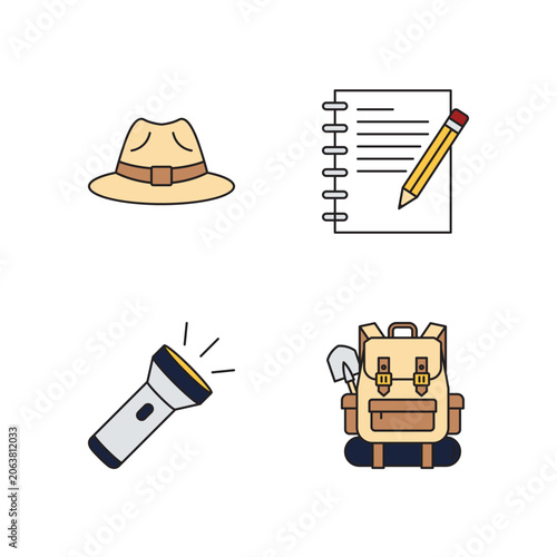Archaeologist equipment flat line icon set