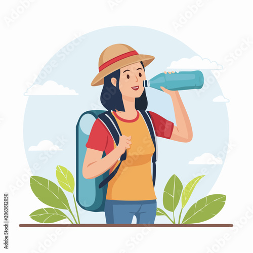 Woman hiker drinking water from bottle with backpack and hat