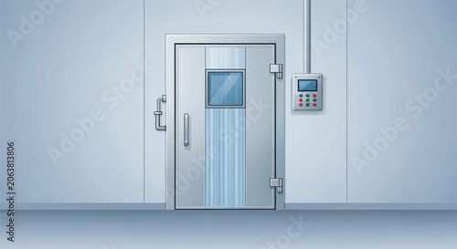 Industrial silver stainless steel door with a small square viewing window, vertical blue striped pattern, and a digital security keypad panel on a plain light gray wall.