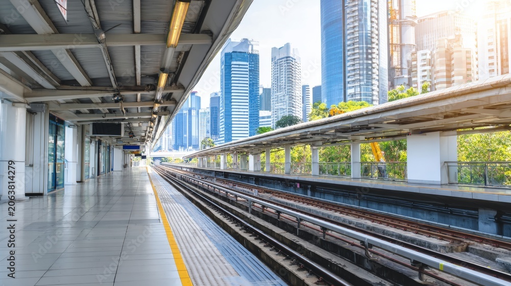 Fototapeta premium Elevated train platform with modern city skyline, urban public transportation infrastructure