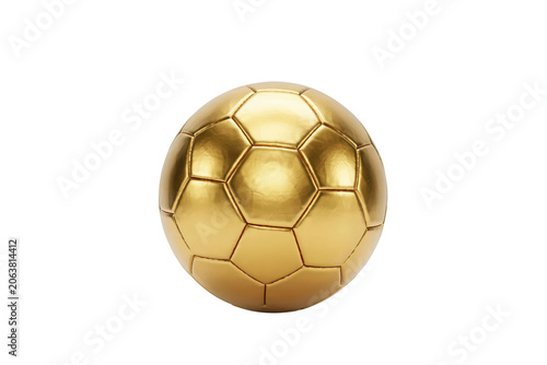A realistic golden soccer ball with a classic hexagonal and pentagonal panel pattern, rendered with a metallic finish on a dark background