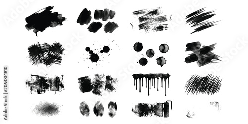 Foto Set of black ink brush strokes and paint splatters for artistic design