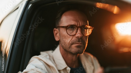 Contemplative Man in Car at Sunset