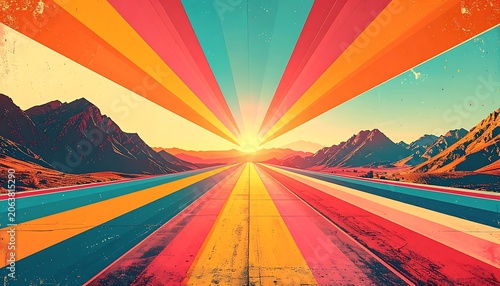 Vibrant Desert Road to Sunset Mountains.
