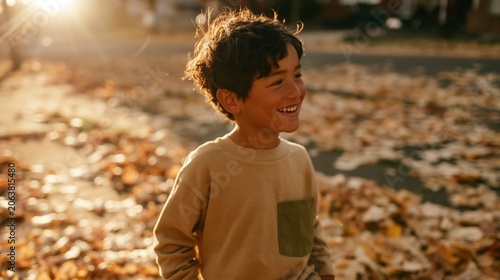 Child Laughing in Autumn Leaves with Sunlight