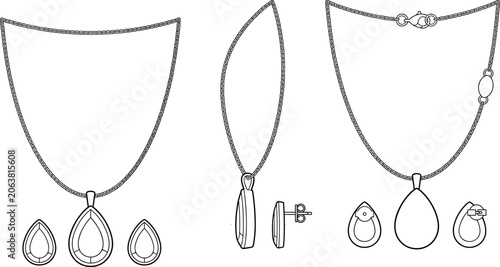 Photos Technical CAD illustration of a luxury jewelry set featuring a teardrop pendant