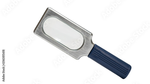 A rectangular magnifying glass with a brushed silver metal frame and a dark blue plastic handle, isolated on a white background, for study
