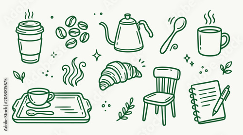 Foto A charming collection of hand-drawn coffee shop elements, including a takeaway cup, coffee beans, kettle, mug, croissant, and a notebook with a pen