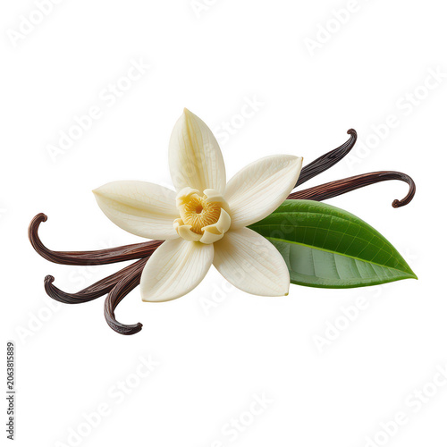 A single cream-colored vanilla flower with green leaves and dark brown dried vanilla bean pods, isolated on a clean white background, macro shot