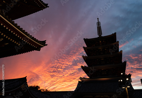 Five Story Pagoda of Sensoji Temple at Sunset, Tokyo Japan
