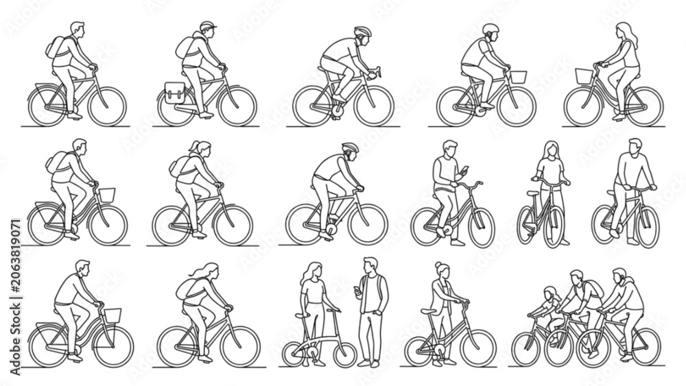 Naklejka premium Architectural Cycling People Set One Line Vector SVG Collection