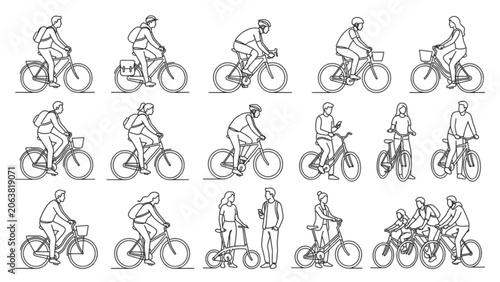 Architectural Cycling People Set One Line Vector SVG Collection