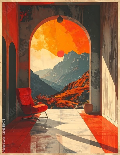 Vibrant mountain landscape through archway.