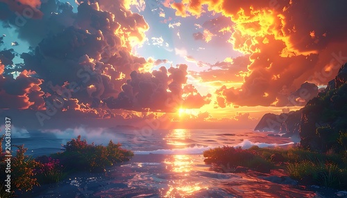 Vibrant sunset over serene ocean landscape.