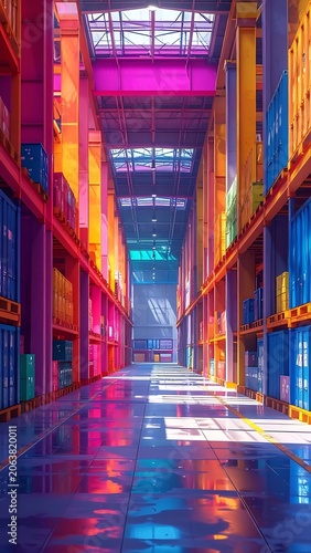 Vibrant warehouse interior with colorful lighting.