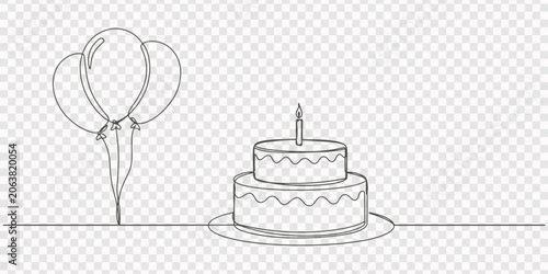 Continuous line drawing of birthday cake with candle and balloons.one line drawing vector illustration, Continuous line drawing of birthday cake and balloons. Cake with sweet cream and a candle.