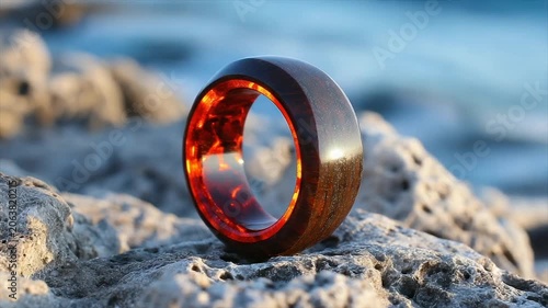 A close-up of a glowing ring, dark wood exterior with inner fiery red core, on a rock
