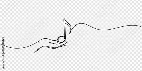 Hand holds music note continuous one line drawing. Vector isolated on white, One Line Drawing of a Hand Holding a Musical Note, Hand holds musical note one line art, hand drawn continuous contour. Art