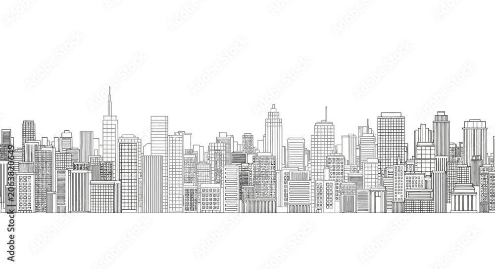 Fototapeta premium Detailed black and white line art sketch of a modern city skyline with skyscrapers.