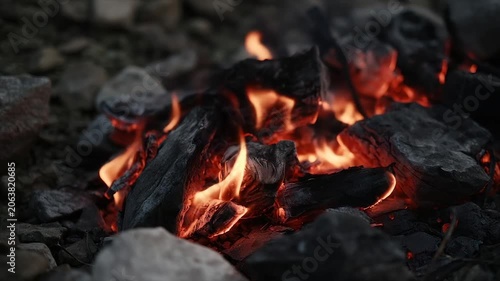 Close-up of glowing embers in a campfire, with dark charcoal and surrounding rocks