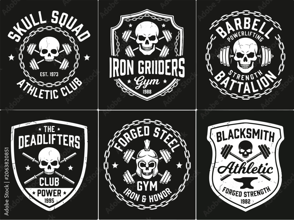 Fototapeta premium Vintage gym and fitness emblems with skulls and barbells set.