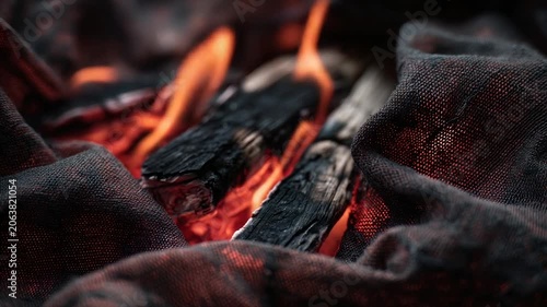 Close-up of burning wood with flames, embers, and dark textured fabric