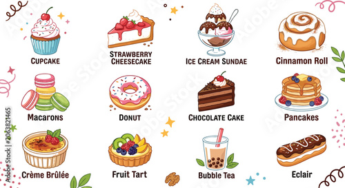Photos Colorful Vector Illustrations Depicting Popular Desserts Including Cupcake, Chee