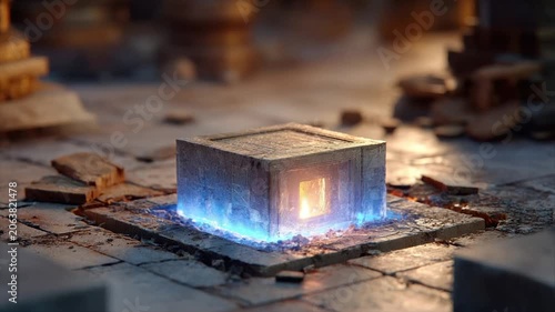 A weathered stone cube glows with blue and yellow light, set on a cracked stone platform