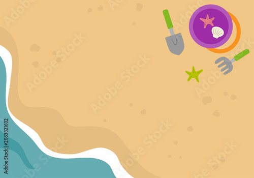 Vector illustration of a sandy beach with clam digging tools in a background frame.