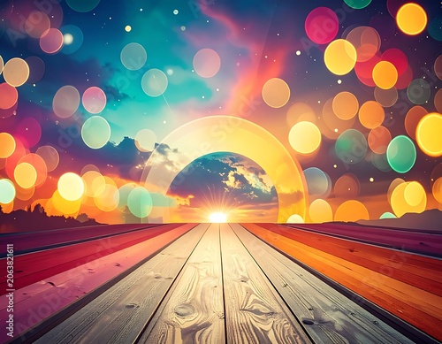 Vibrant sunset over wooden planks background.