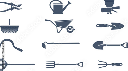 Bild auf Leinwand Gardening Tool Silhouette Collection Featuring Pruners Watering Can Wheelbarrow