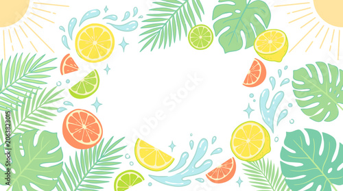 Tropical summer frame with citrus fruits and exotic green leaves