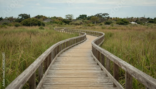 Scenic Curved Wooden Boardwalk Through Lush Green Marshland Path
