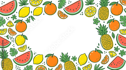 Colorful summer fruit illustration frame on white background
