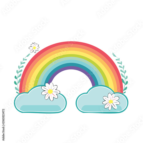 Flat design rainbow with clouds and sun