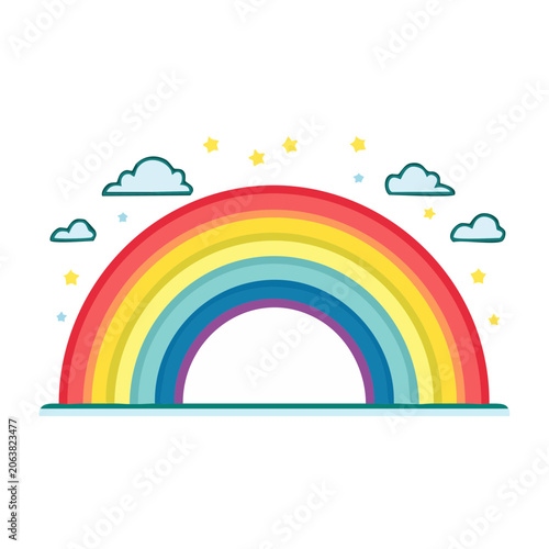 Flat design rainbow with clouds and sun rays