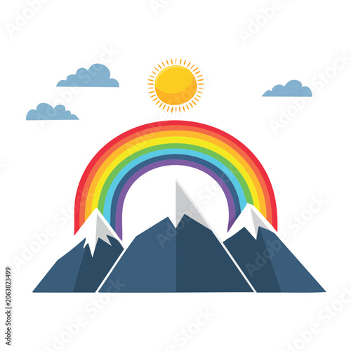 Flat design rainbow with sun and clouds