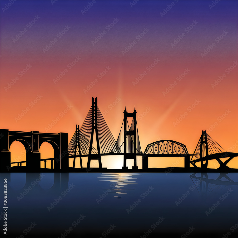 Obraz premium Silhouette of multiple bridges at sunset