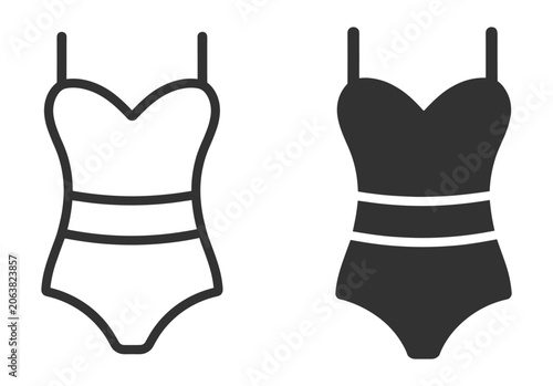 Foto Women's one piece swimsuit icon set with outline and solid summer beach symbols
