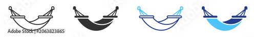 Summer hammock icon set in outline and solid style with vacation relaxation symbols on transparent background