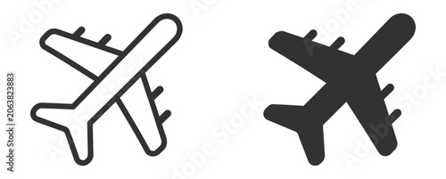 Airplane travel icon set with outline and solid aviation symbols on transparent background