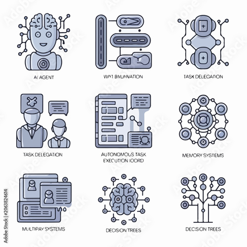 Modern Agent Workflow Icons Set with Automation, Collaboration, Memory, and Decision Systems