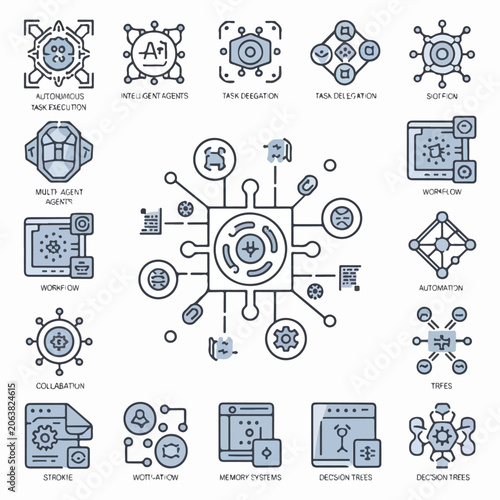 Modern Agent Workflow Icons Set with Automation, Collaboration, Memory, and Decision Systems