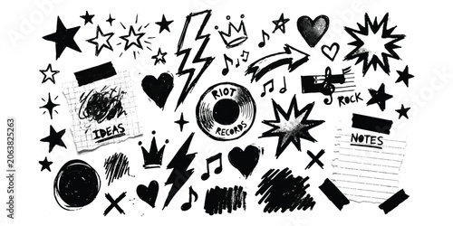Set of hand drawn doodle icons with stars hearts lightning bolts and music notes in black ink