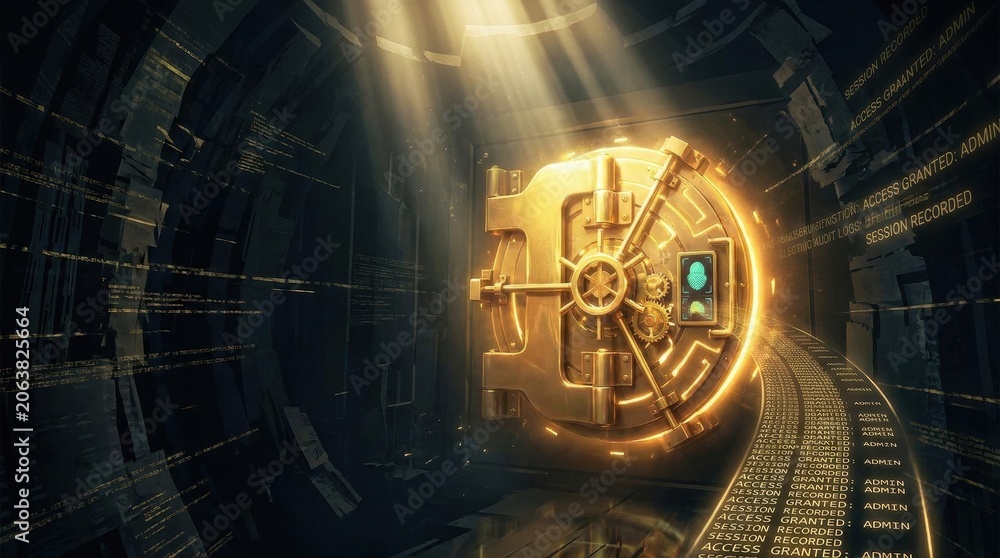 Obraz premium Golden Vault of Secrets: A magnificent, gleaming golden vault door is set within a futuristic, digitally-enhanced tunnel, illuminated by ethereal shafts of light.