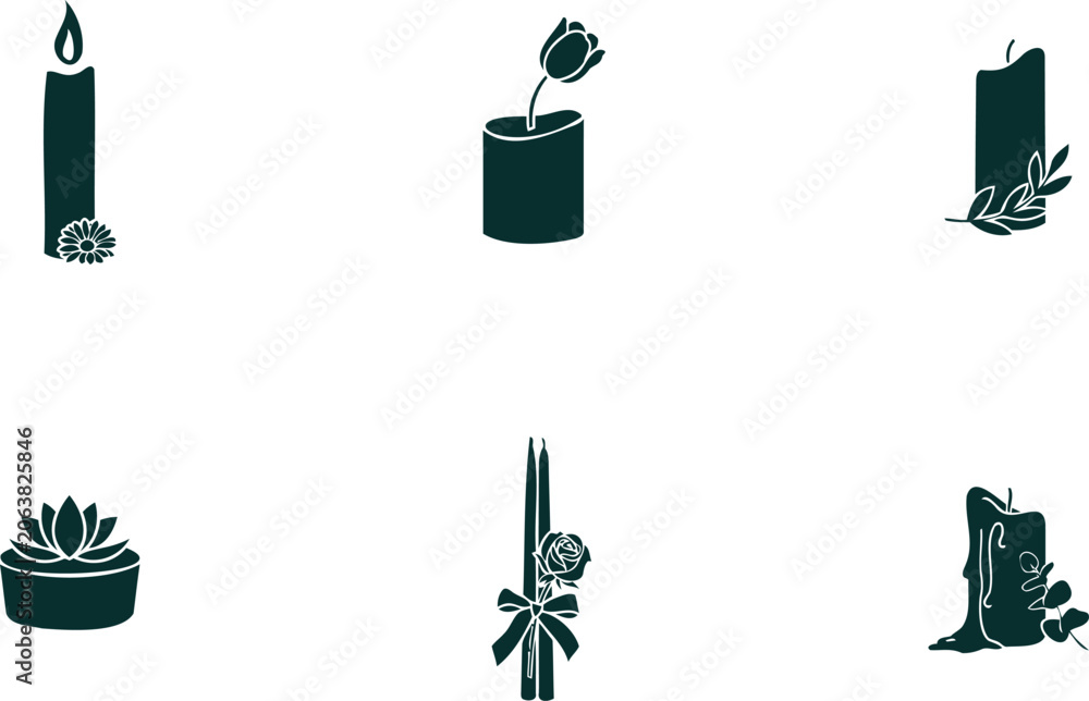 Fototapeta premium Collection of decorative candles with floral elements and unique designs isolated on transparent background