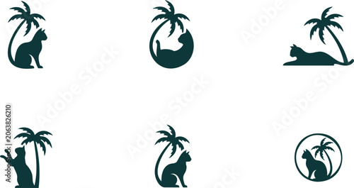 Photography Collection of stylized dark teal cat silhouettes with palm trees isolated on tra