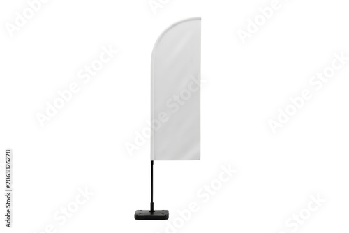 A single white feather flag banner with a curved mounted on a black stand, isolated on a white background, for promotional branding use