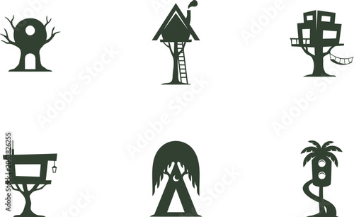 Foto Collection of stylized treehouse illustrations representing different architectu