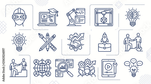 Innovation & Technology Icons: VR, 3D Printing, Robotics, Education, Strategy, Teamwork